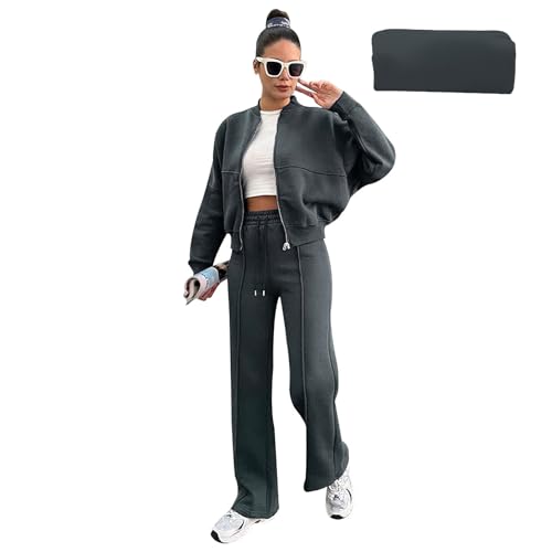 amropi Trainingsanzug Damen Fell gefüttert Jacke mit Reißverschluss und Jogginghose 2 Stück Kleidungsset Dunkelgrau, XXL von amropi