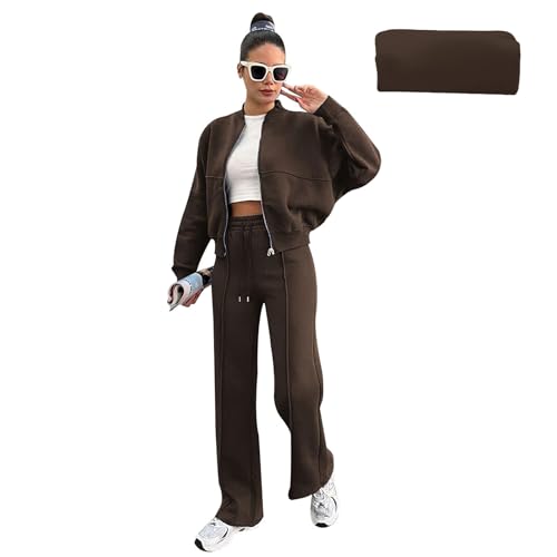 amropi Trainingsanzug Damen Fell gefüttert Jacke mit Reißverschluss und Jogginghose 2 Stück Kleidungsset Kaffee, M von amropi