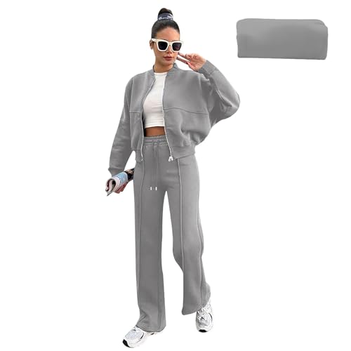 amropi Trainingsanzug Damen Fell gefüttert Jacke mit Reißverschluss und Jogginghose 2 Stück Kleidungsset Lichtgrau, XL von amropi