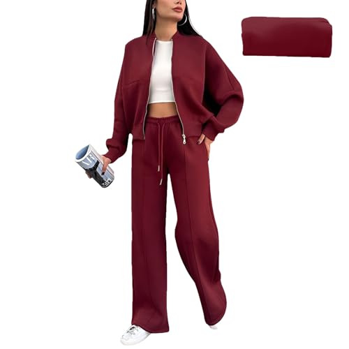 amropi Trainingsanzug Damen Fell gefüttert Jacke mit Reißverschluss und Jogginghose 2 Stück Kleidungsset Rot, S von amropi