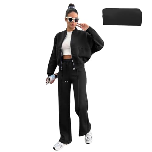 amropi Trainingsanzug Damen Fell gefüttert Jacke mit Reißverschluss und Jogginghose 2 Stück Kleidungsset Schwarz, M von amropi