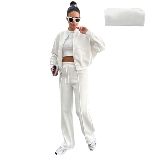 amropi Trainingsanzug Damen Fell gefüttert Jacke mit Reißverschluss und Jogginghose 2 Stück Kleidungsset Weiß, XL von amropi