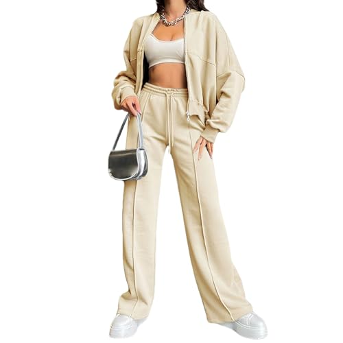 amropi Trainingsanzug Damen Jacke mit Reißverschluss und Jogginghose 2 Stück Kleidungsset Beige, L von amropi