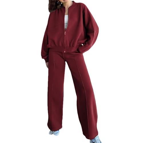 amropi Trainingsanzug Damen Jacke mit Reißverschluss und Jogginghose 2 Stück Kleidungsset Burgunderrot, XXL von amropi