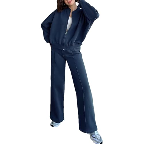 amropi Trainingsanzug Damen Jacke mit Reißverschluss und Jogginghose 2 Stück Kleidungsset Dunkelblau, XXL von amropi