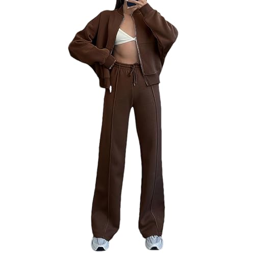amropi Trainingsanzug Damen Jacke mit Reißverschluss und Jogginghose 2 Stück Kleidungsset Kaffee, S von amropi