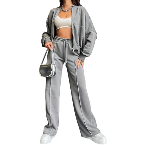 amropi Trainingsanzug Damen Jacke mit Reißverschluss und Jogginghose 2 Stück Kleidungsset Lichtgrau, XL von amropi