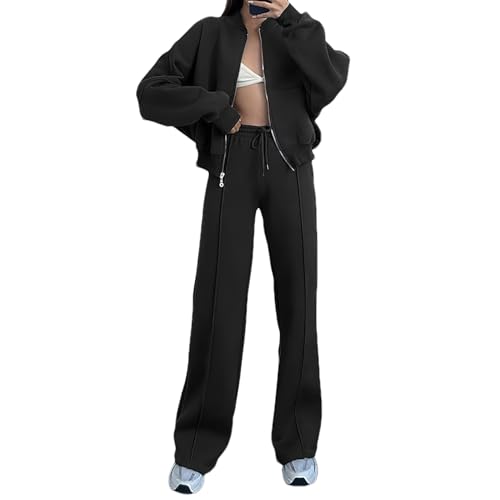 amropi Trainingsanzug Damen Jacke mit Reißverschluss und Jogginghose 2 Stück Kleidungsset Schwarz, L von amropi