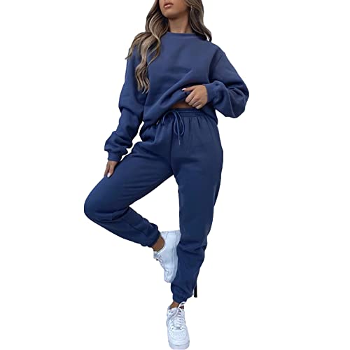 amropi Trainingsanzug Damen Pullover Sweatshirt und Jogginghose Warm Vlies Kleidungsset (Blau,3XL) von amropi