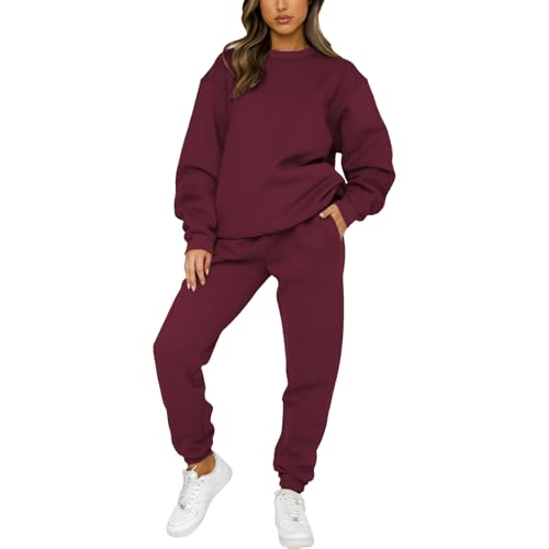 amropi Trainingsanzug Damen Pullover Sweatshirt und Jogginghose Warm Vlies Kleidungsset (Burgunderrot,3XL) von amropi