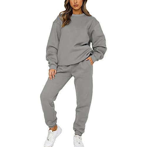 amropi Trainingsanzug Damen Pullover Sweatshirt und Jogginghose Warm Vlies Kleidungsset (Grau,4XL) von amropi