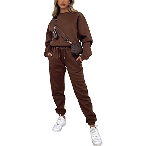 amropi Trainingsanzug Damen Pullover Sweatshirt und Jogginghose Warm Vlies Kleidungsset (Kaffee,5XL) von amropi