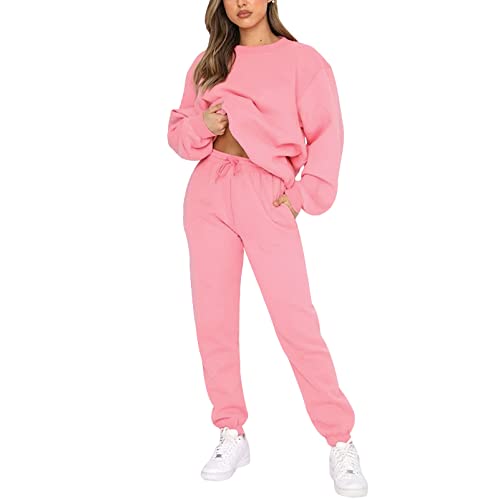 amropi Trainingsanzug Damen Pullover Sweatshirt und Jogginghose Warm Vlies Kleidungsset (Rosa,XXL) von amropi