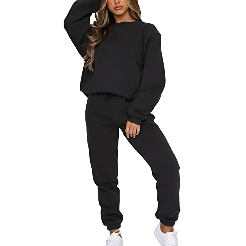 amropi Trainingsanzug Damen Pullover Sweatshirt und Jogginghose Warm Vlies Kleidungsset (Schwarz,M) von amropi