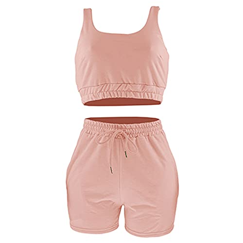 amropi Trainingsanzug Damen Sport Sets Hoher Taille Shorts und Crop Tank Top 2 Piece Yoga Outfits Rosa,S von amropi