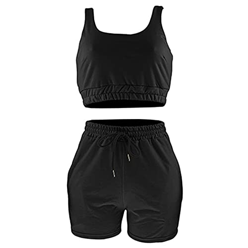 amropi Trainingsanzug Damen Sport Sets Hoher Taille Shorts und Crop Tank Top 2 Piece Yoga Outfits Schwarz,XXL von amropi