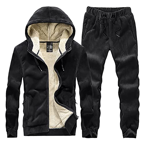 amropi Trainingsanzug Herren Winterjacke Kapuzenpullover und Jogginghose Warm VliesJogginganzug (Schwarz,M) von amropi