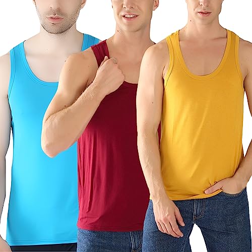 amropi Unterhemd Herren Tank Top 3er Pack ärmellos Muskelshirt Sportunterhemden Blau Burgund Gelb, S von amropi