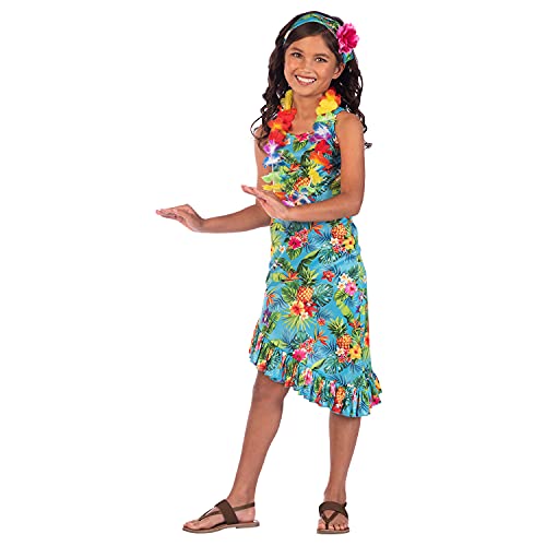 amscan - Mädchen Hawaii-Kleid, Stirnband & Lei Faschingskostüm Alter 4-12 Jahre, blau, 8-10 Jahre von amscan