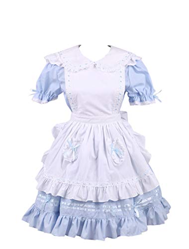 Antaina Blau Baumwolle Weiß Schürze Rüsche Flieges süß Maid Knielang Elegant Lolita Cosplay Kleid,XL von an*tai*na*