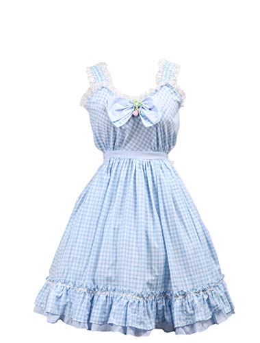 Antaina Blau Plaid Baumwolle Rüsche Fliege Spitze süß viktorianisch Knielang Elegant Lolita Cosplay Kleid,M von an*tai*na*