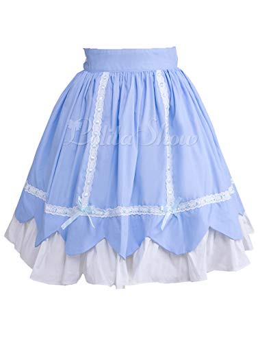 Antaina Blau Schleife Spitze Layered Plissee Rüschen Sweet Knielang Elegant Lolita Kurzes Kleid Faltenrock,XL von an*tai*na*