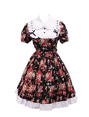 Antaina Blumen Baumwolle Rüsche Spitze Klassiker Gothic süß Knielang Elegant Lolita Cosplay Kleid,XXL von an*tai*na*