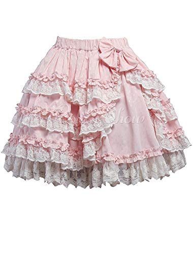 Antaina Rosa Baumwolle Blumenspitze Rüschen Layered Bowknot Sweet Knielang Elegant Lolita Unterrock Faltenrock,XXL von an*tai*na*