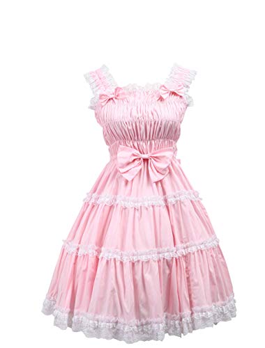 Antaina Rosa Baumwolle Flieges Rüsche süß Retro viktorianisch Knielang Elegant Lolita Cosplay Kleid,L von an*tai*na*