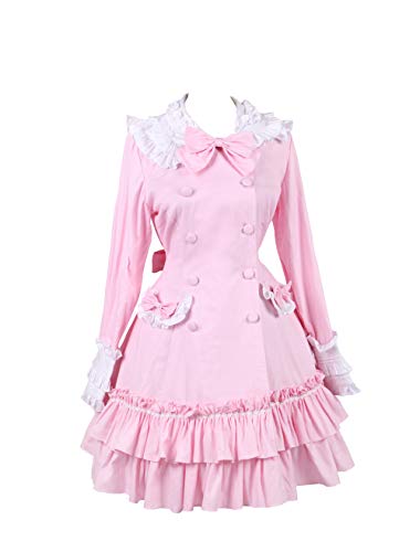 Antaina Rosa Baumwolle Rüsche Flieges süß Schüler viktorianisch Knielang Elegant Lolita Cosplay Kleid,M von an*tai*na*