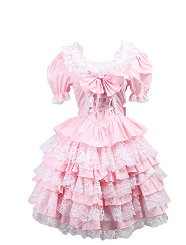 Antaina Rosa Baumwolle Rüsche Spitze Fliege Puff viktorianisch süß Knielang Elegant Lolita Cosplay Kleid,XL von an*tai*na*