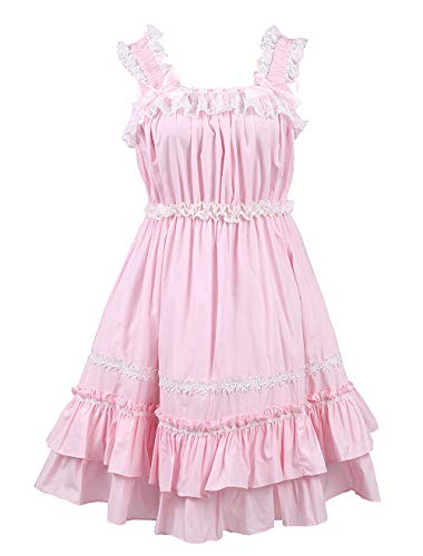 Antaina Rosa Baumwolle süß Rüsche Spitze Halfter viktorianisch Knielang Elegant Lolita Cosplay Kleid,L von an*tai*na*