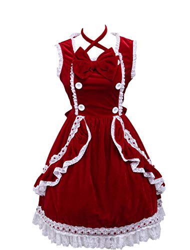 Antaina Rot Baumwolle Rüsche Spitze Fliege Halfter Retro viktorianisch Knielang Elegant Lolita Cosplay Kleid,S von an*tai*na*