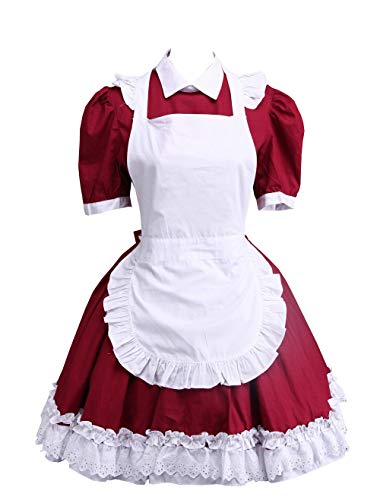 Antaina Rot Baumwolle Weiß Schürze Rüsche süß viktorianisch Maid Knielang Elegant Lolita Cosplay Kleid,L von an*tai*na*