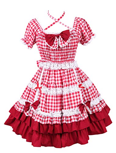 Antaina Rot Plaid Baumwolle Nackenstreifen Fliege Rüsche süß viktorianisch Knielang Elegant Lolita Kleid,XXL von an*tai*na*