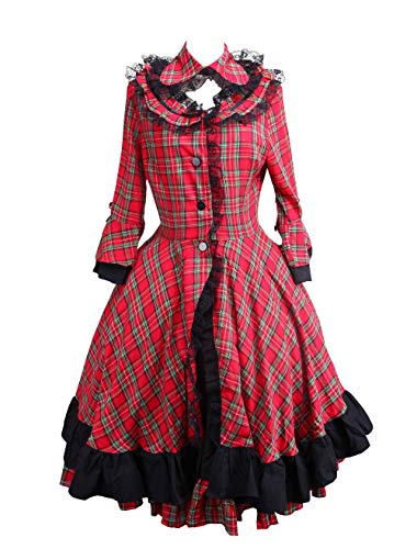 Antaina Rot Plaid Baumwolle Schwarz Spitze Klassiker viktorianisch Knielang Elegant Lolita Cosplay Coat Kleid,XXL von an*tai*na*