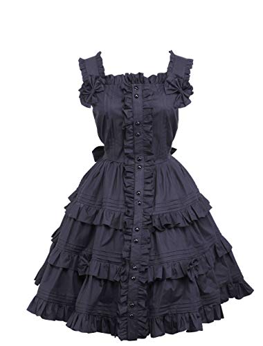 Antaina Schwarz Baumwolle Rüsche Flieges Spitze Retro Gothic Punk Knielang Elegant Lolita Cosplay Kleid,S von an*tai*na*