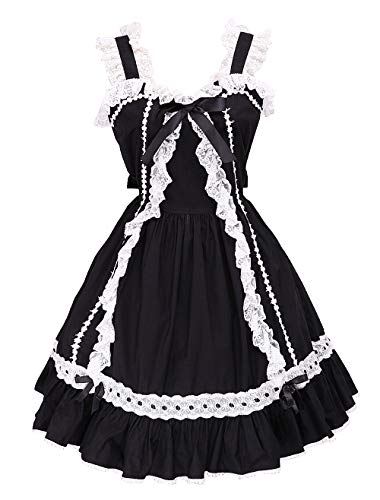 Antaina Schwarz Baumwolle Rüsche Spitze Fliege Jahrgang Gothic Ärmellos Knielang Elegant Lolita Kleid,XL von an*tai*na*