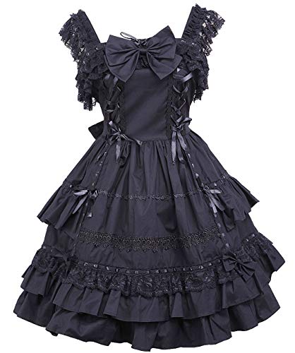 Antaina Schwarz Baumwolle Rüsche Spitze Flieges Gothic Punk Sexy Knielang Elegant Lolita Cosplay Kleid,M von an*tai*na*