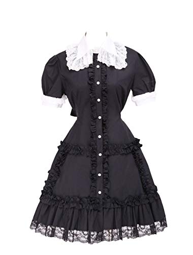 Antaina Schwarz Baumwolle Rüsche Spitze Gothic Punk süß Maid Knielang Elegant Lolita Cosplay Kleid,M von an*tai*na*