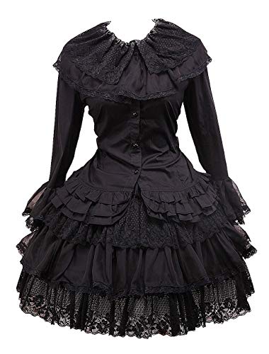 Antaina Schwarz Baumwolle Spitze Gothic Knielang Elegant Lolita Bluse und Rüsche Spitze Knielang Elegant Lolita Rock,XXL von an*tai*na*