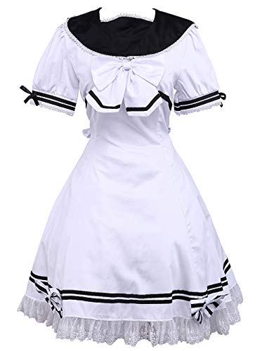 Antaina Weiß Baumwolle Rüsche Fliege Sailor Ausschnitt viktorianisch Knielang Elegant Lolita Cosplay Kleid,XXL von an*tai*na*