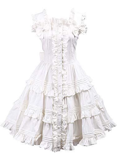 Antaina Weiß Baumwolle Rüsche Flieges Spitze Retro süß viktorianisch Knielang Elegant Lolita Cosplay Kleid,L von an*tai*na*