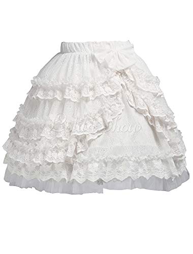 Antaina Weiß Chiffon Schnürung Floral Layered Rüschen Bogen Baumwolle Viktorianisch Knielang Elegant Lolita Kurzen Rock Faltenrock,L von an*tai*na*