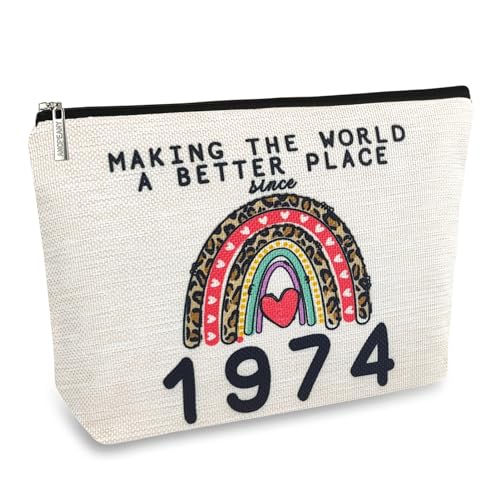 Make-up-Tasche zum 50. Geburtstag für Frauen, gewaschen, doppelseitig, bedruckt, wasserdicht, Leinen, Reise-Kosmetik-Reisetasche für Mutter, Ehefrau, 1974, Rainhow von ancpeany