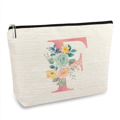 Personalisierte Make-up-Tasche mit Blumenmuster für Damen, Leinen, wasserdicht, kleine Reise-Kosmetiktasche, F, Personalisiertes Blumenmuster von ancpeany