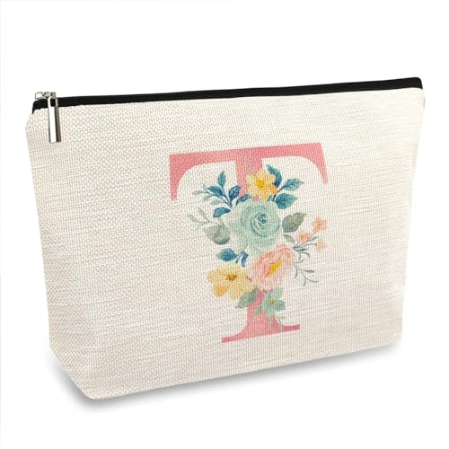 Personalisierte Make-up-Tasche mit Blumenmuster für Damen, Leinen, wasserdicht, kleine Reise-Kosmetiktasche, T, Personalisiertes Blumenmuster von ancpeany