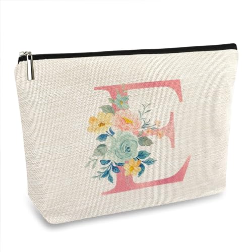 ancpeany Personalisierte Make-up-Tasche mit Blumenmuster für Damen, Leinen, wasserdicht, kleine Reise-Kosmetiktasche, E, Personalisiertes Blumenmuster von ancpeany