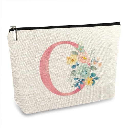 ancpeany Personalisierte Make-up-Tasche mit Blumenmuster für Damen, Leinen, wasserdicht, kleine Reise-Kosmetiktasche, O, Personalisiertes Blumenmuster von ancpeany