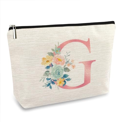 ancpeany Personalisierte Make-up-Tasche mit Blumenmuster für Damen, Leinen, wasserdicht, kleine Reise-Kosmetiktasche, g, Personalisiertes Blumenmuster von ancpeany